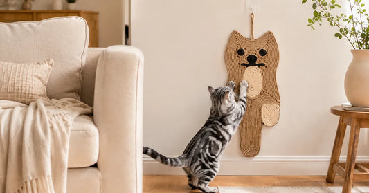 American Shorthair cat scratching a wall-mounted sisal cat scratch mat beside a beige sofa in a modern cozy living room designed for sofa protection.
