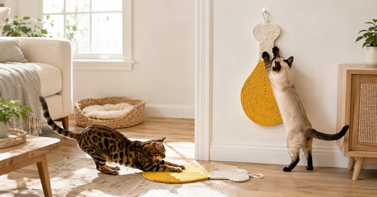 Bengal cat scratching a chicken-leg shaped sisal mat on the floor while a Siamese cat uses the same mat vertically on the wall in a bright modern living room with natural wood and soft sunlight.