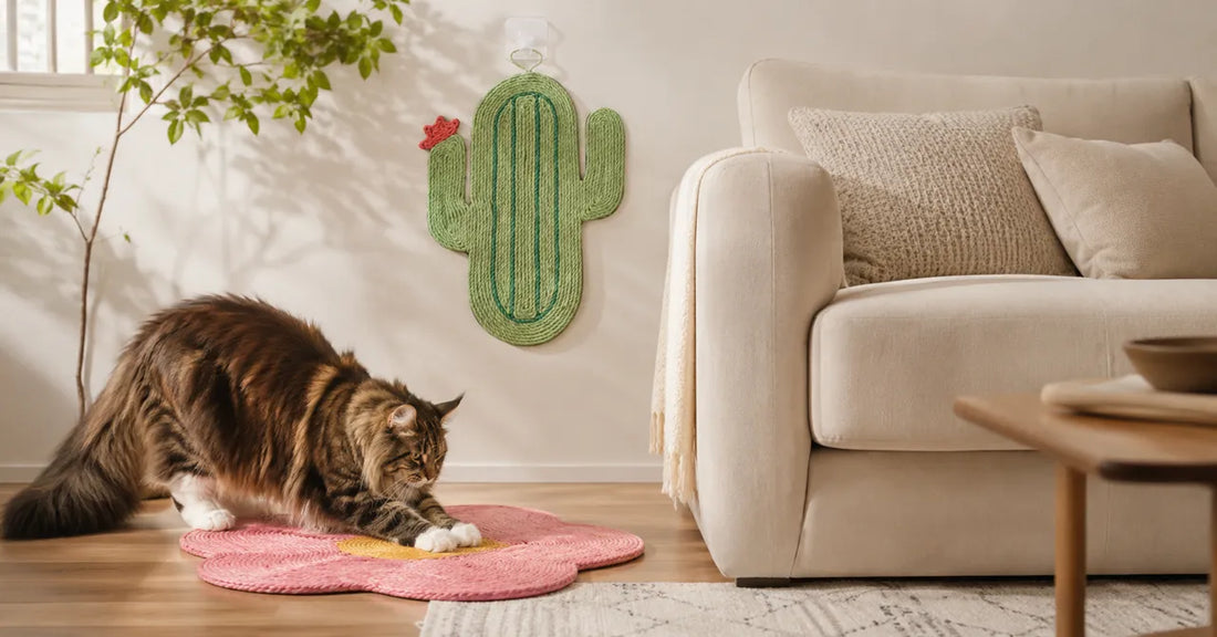 Maine Coon cat scratching a pink flower-shaped sisal cat mat beside a beige sofa in a warm modern living room with a wall-mounted cactus scratch mat.