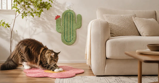 Maine Coon cat scratching a pink flower-shaped sisal cat mat beside a beige sofa in a warm modern living room with a wall-mounted cactus scratch mat.