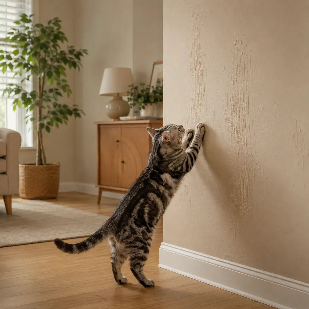 American Shorthair cat scratching walls in a modern home