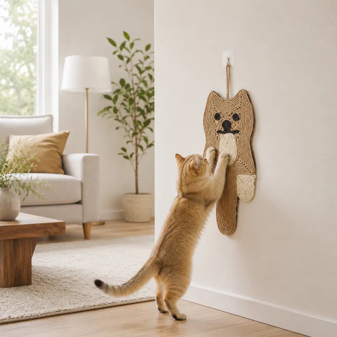 Cat scratching a wall-mounted sisal cat scratch mat in a modern home