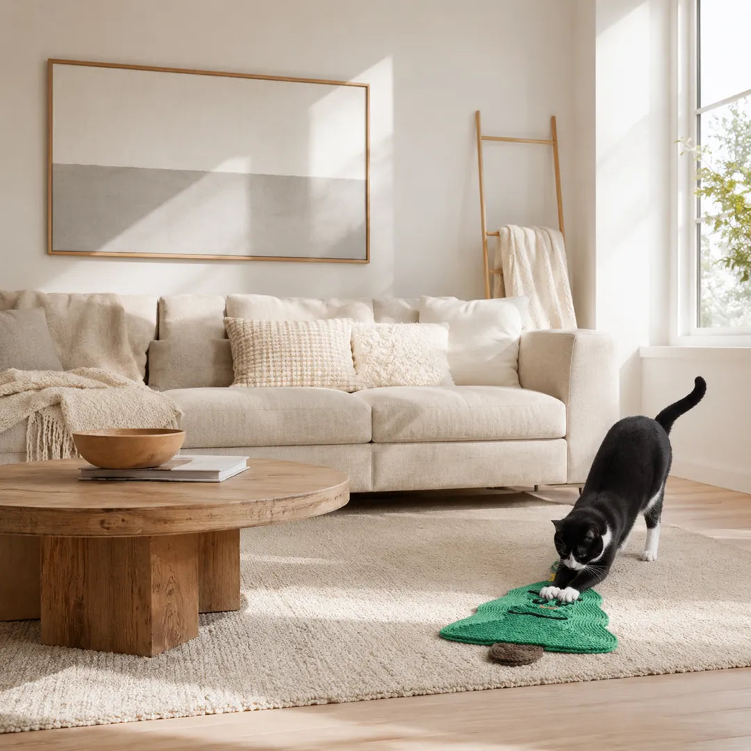 Cat using a sisal scratching mat beside a sofa in a cozy living room
