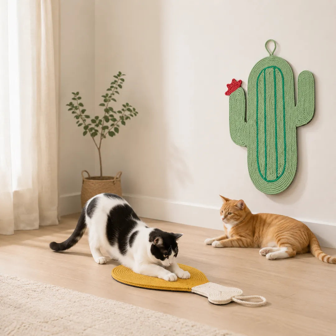 Cozy home setup with cats using sisal scratching mats on wall and floor