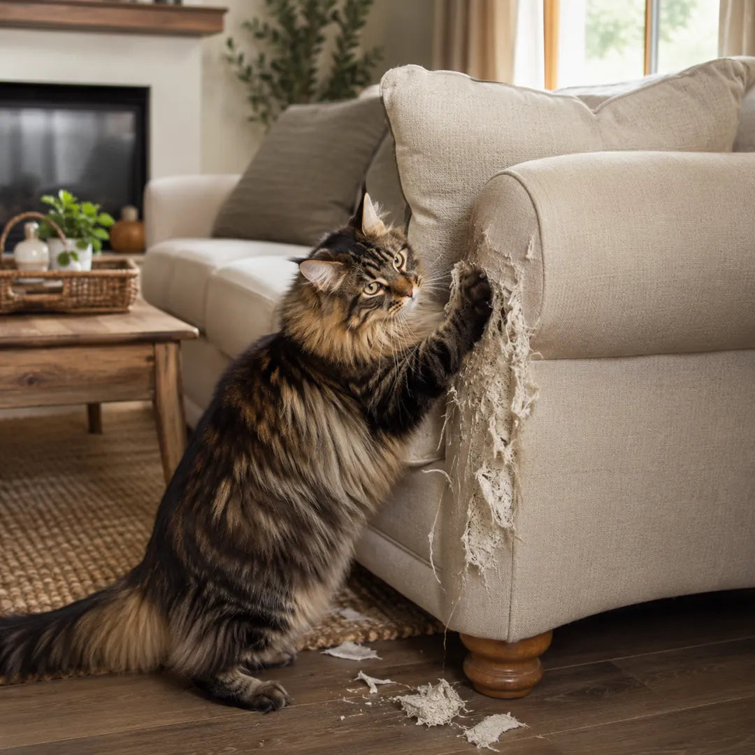 Maine Coon cat scratching a damaged sofa in a modern living room