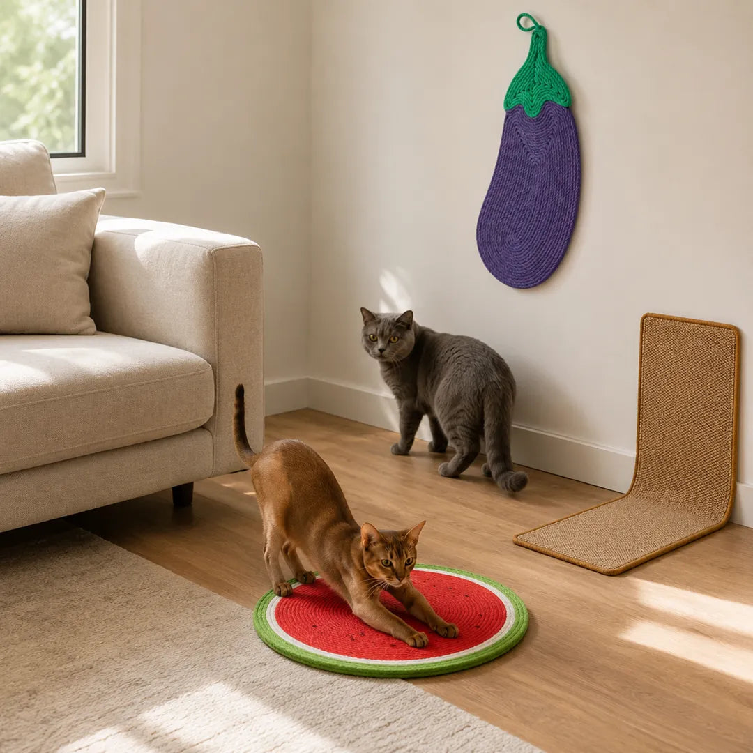 Multi-use sisal cat scratch mats for walls and floors in a modern home