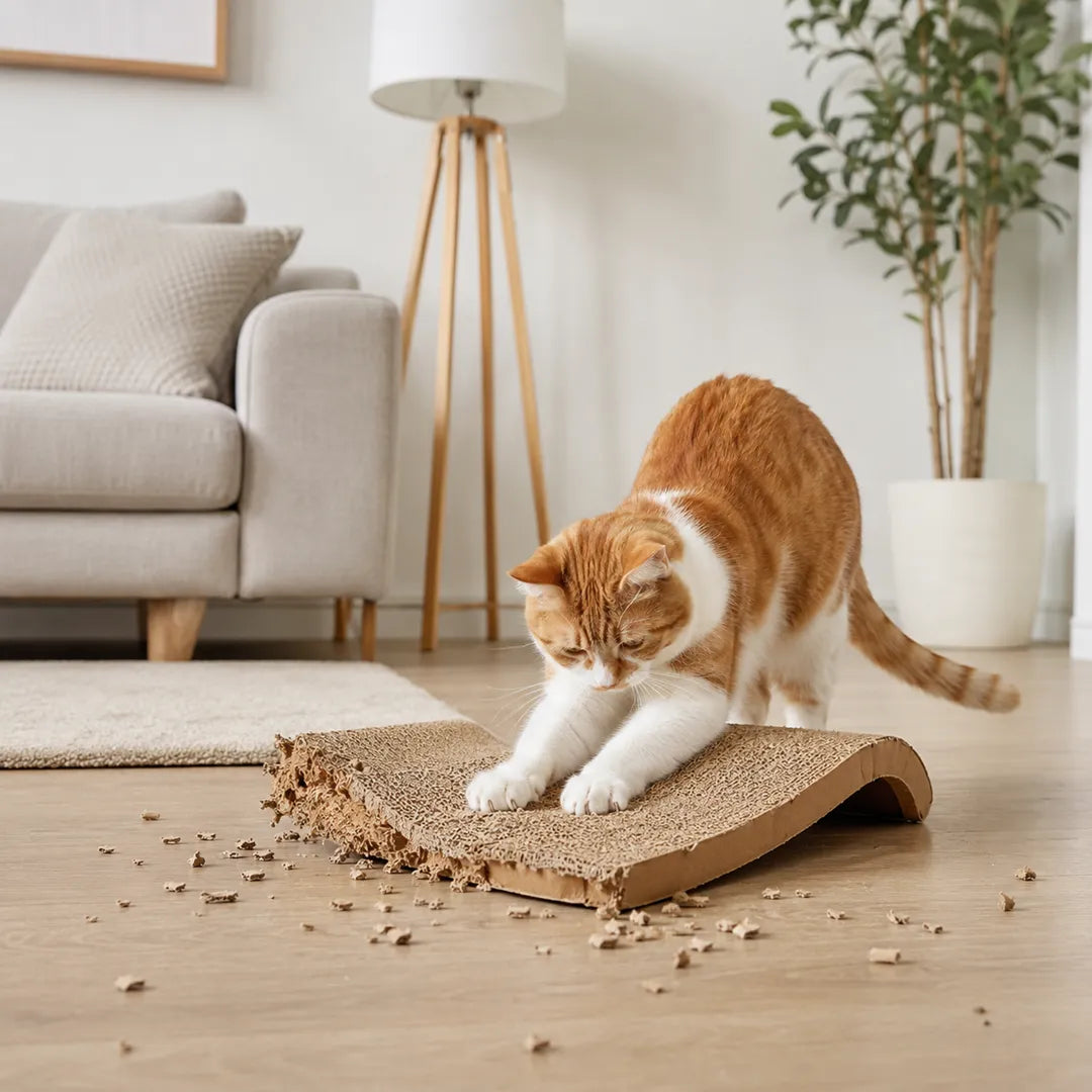 Orange and white cat scratching a messy cardboard scratcher in a bright modern home