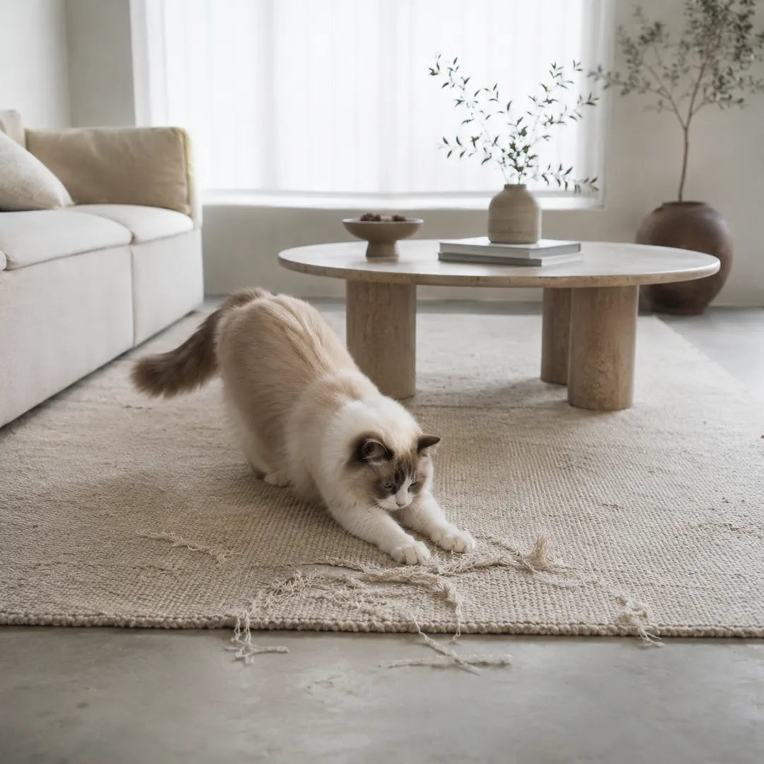 Ragdoll cat clawing and damaging a carpet in a minimalist living room