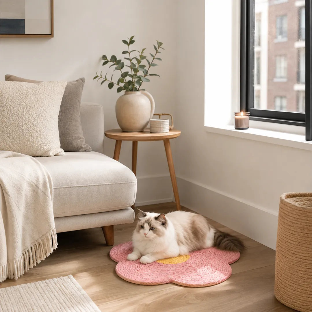 Sisal cat scratching mat styled for a cozy small apartment space